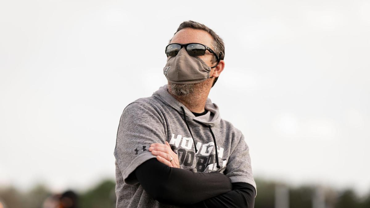 Huskie head coach Matt Jenkins wins the I-MECK 4A championship 29-22 vs the Vance Cougars Friday April 9, 2021.