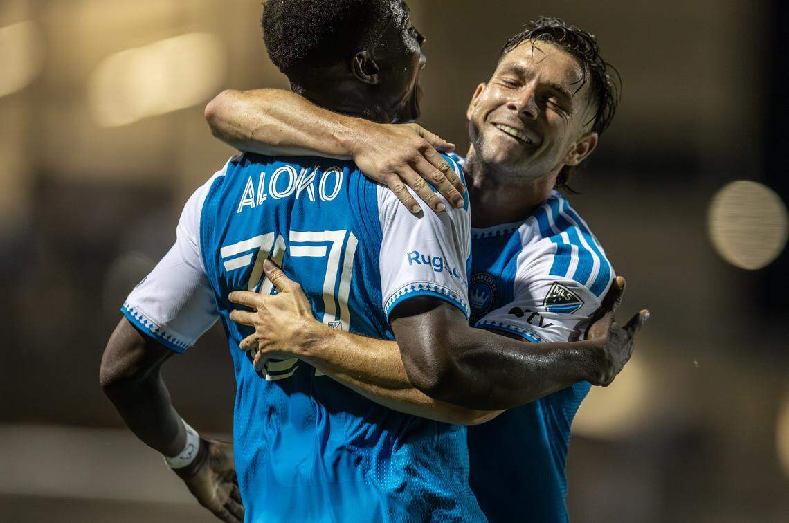 Charlotte FC forward Rodolfo Aloko, left and Charlotte FC midfielder Brandt Bronico celebrate a goal against the Charlotte Independence at Mecklenburg County Regional Sportsplex in Matthews, N.C., on Wednesday, April 15, 2026. 