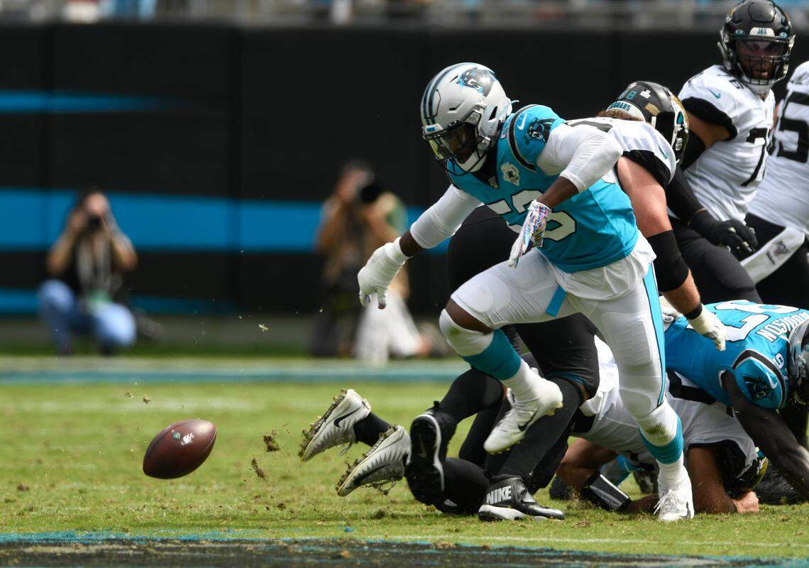 Carolina Panthers edge rusher Brian Burns (53) has a bet with fellow edge rusher Haason Reddick this season as to who gets the most sacks, with the loser buying the winner a golf cart.