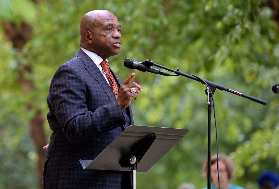 Mecklenburg County Sheriff Garry McFadden speaks at the Unity in Community rally in Cornelius, NC on Wednesday, August 4, 2021.