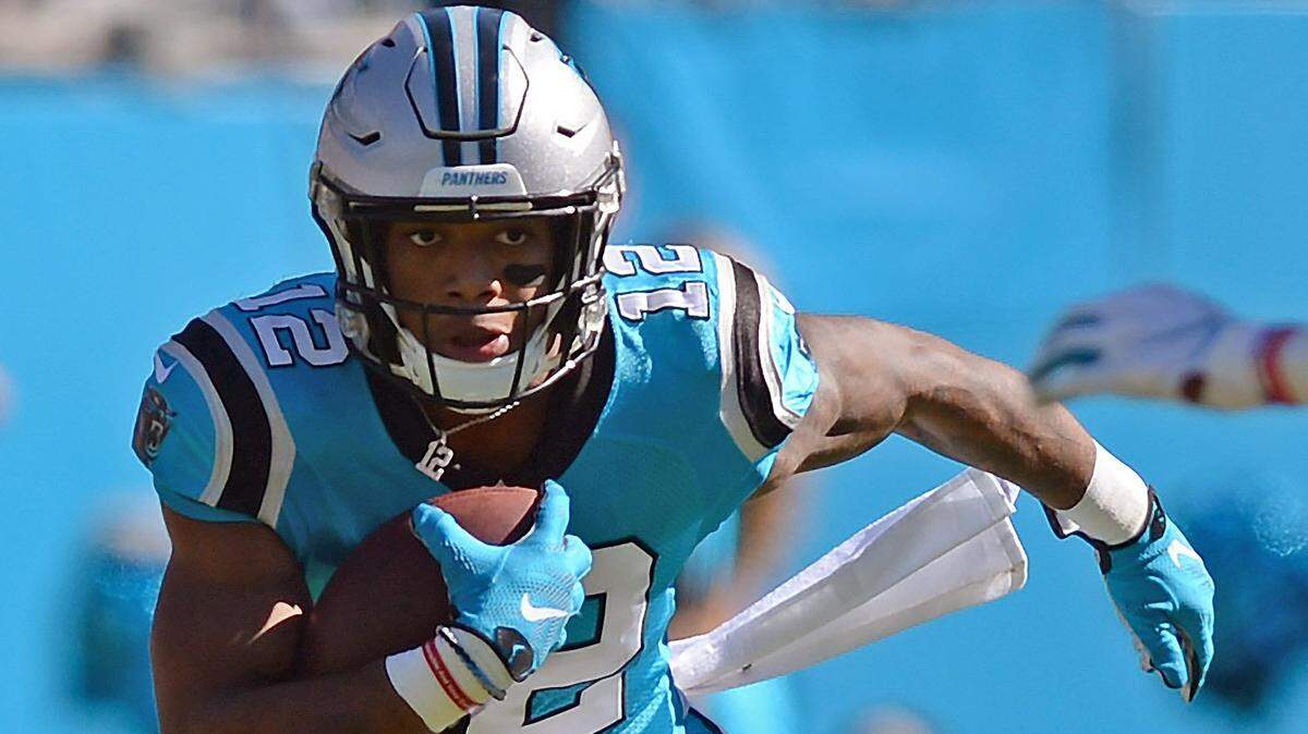 Carolina Panthers wide receiver DJ Moore rushes upfield following a pass reception against the Baltimore Ravens during first quarter action at Bank of America Stadium on Sunday, October 28, 2018.
