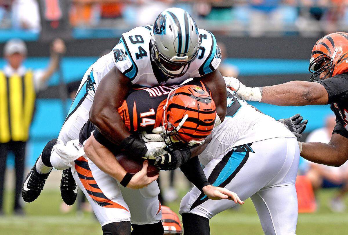 Carolina Panthers defensive end Efe Obada (94) had his first career sack, as well as an interception, in his NFL debut last season in Week 3 against the Bengals.