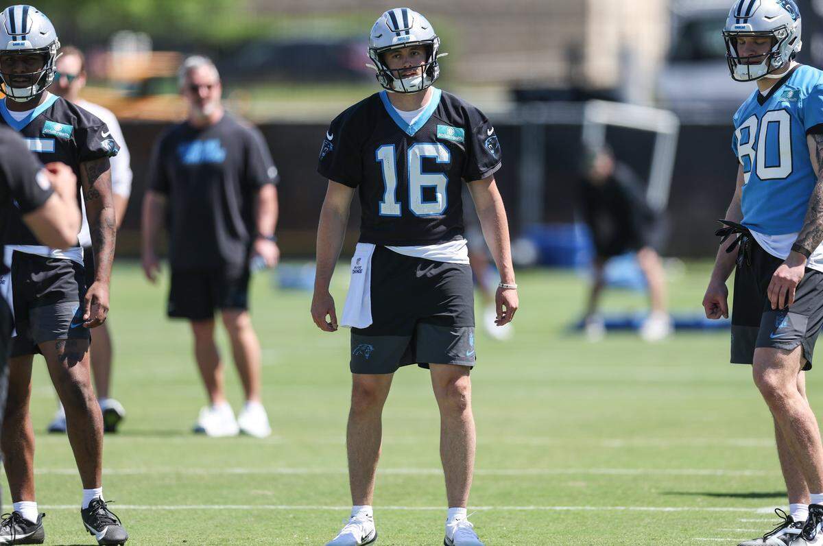 Quarterback Haynes King takes part in Carolina Panthers rookie minicamp on Friday, May 8, 2026.