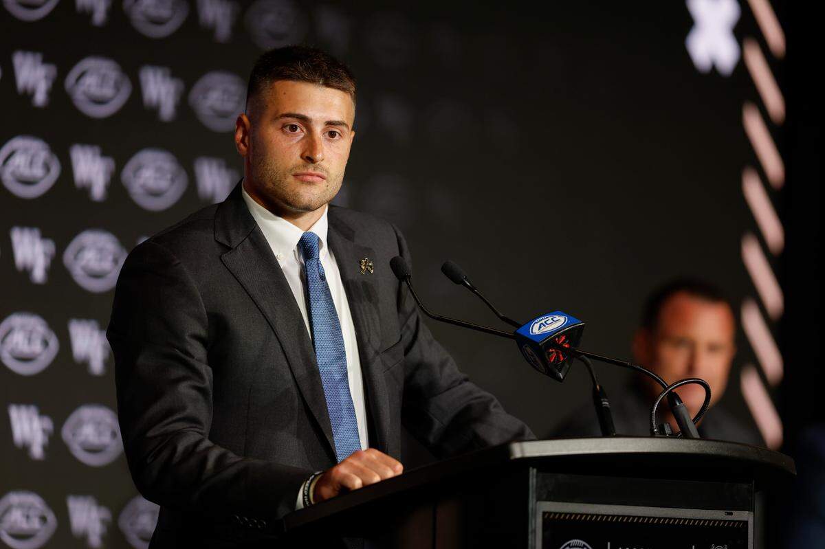 Wake Forest defensive back Nick Andersen speaks to the media at the 2025 ACC Kickoff in Charlotte, N.C., Wednesday, July 23, 2025. (Photo by Nell Redmond/ACC)