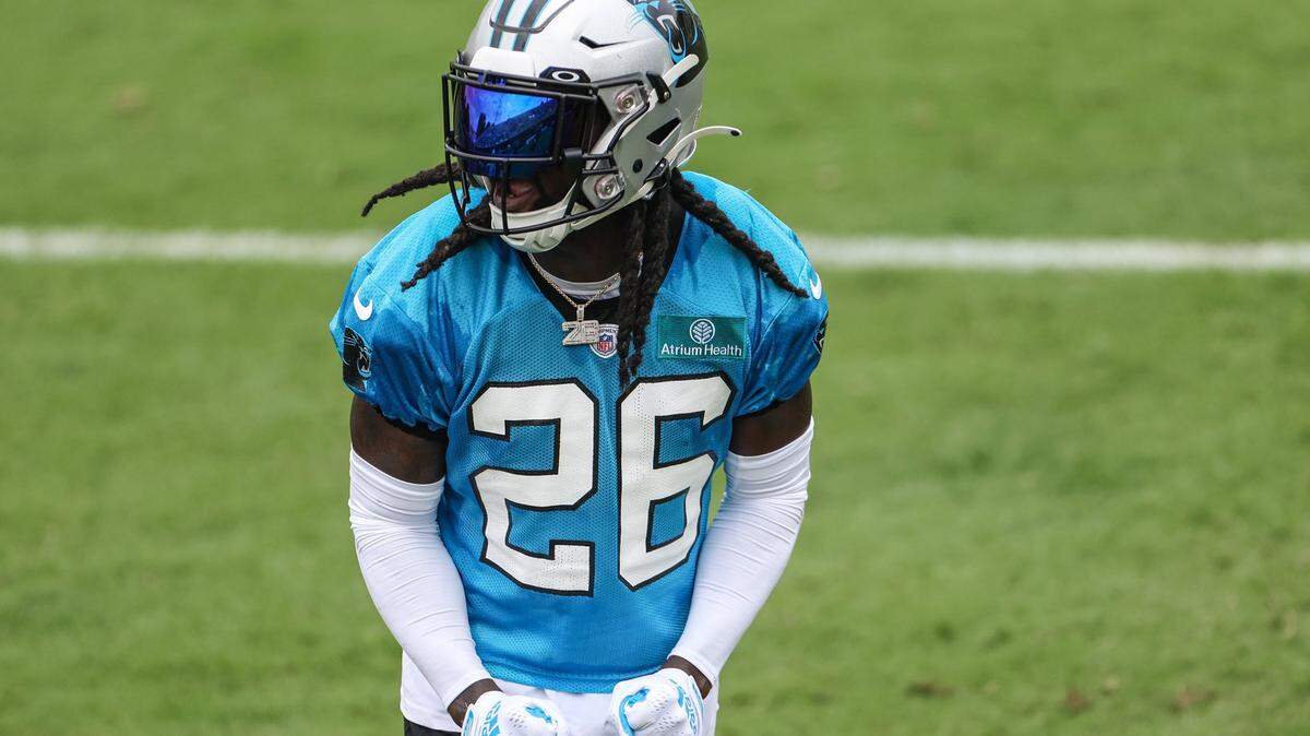 Panthers cornerback Donte Jackson yells in celebration as the defense continues to prevent the offense from scoring during the Back Together practice in Gibbs Stadium at Wofford College on Saturday, July 30, 2022 in Spartanburg, SC.