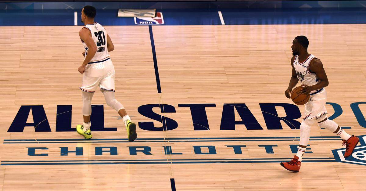 Golden State’s Steph Curry and Charlotte’s Kemba Walker took the ball downcourt Sunday during the 2019 NBA All-Star Game in Charlotte. Their Team Giannis lost to Team LeBron, 178-164.