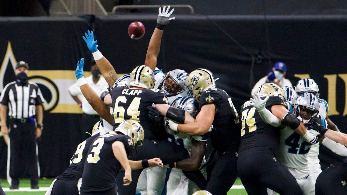 New Orleans Saints kicker Wil Lutz (3) kicks a field goal against the Carolina Panthers in third quarter at the Mercedes-Benz Superdome on Sunday, October 25, 2020, in New Orleans.