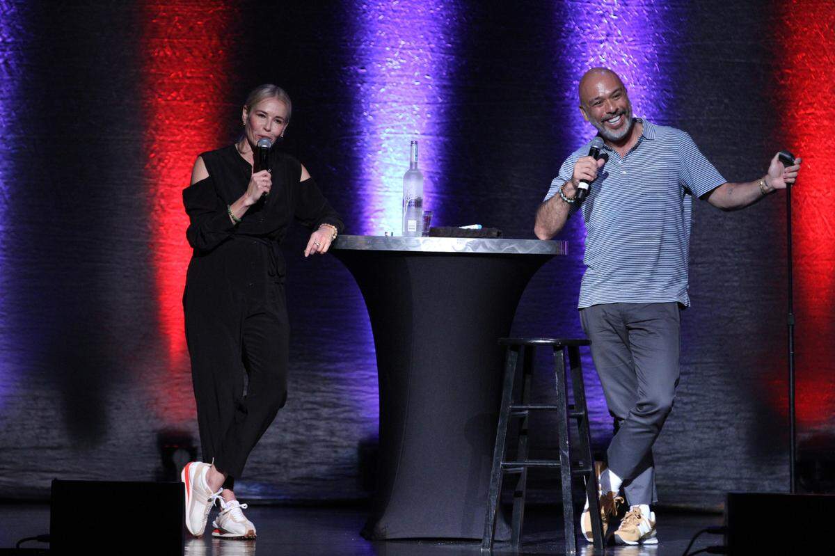 Chelsea Handler, left, and comedian Jo Koy. After years of working together on her late-night talk show, “Chelsea Lately,” the two started dating. But they’re not touring together, Handler says.