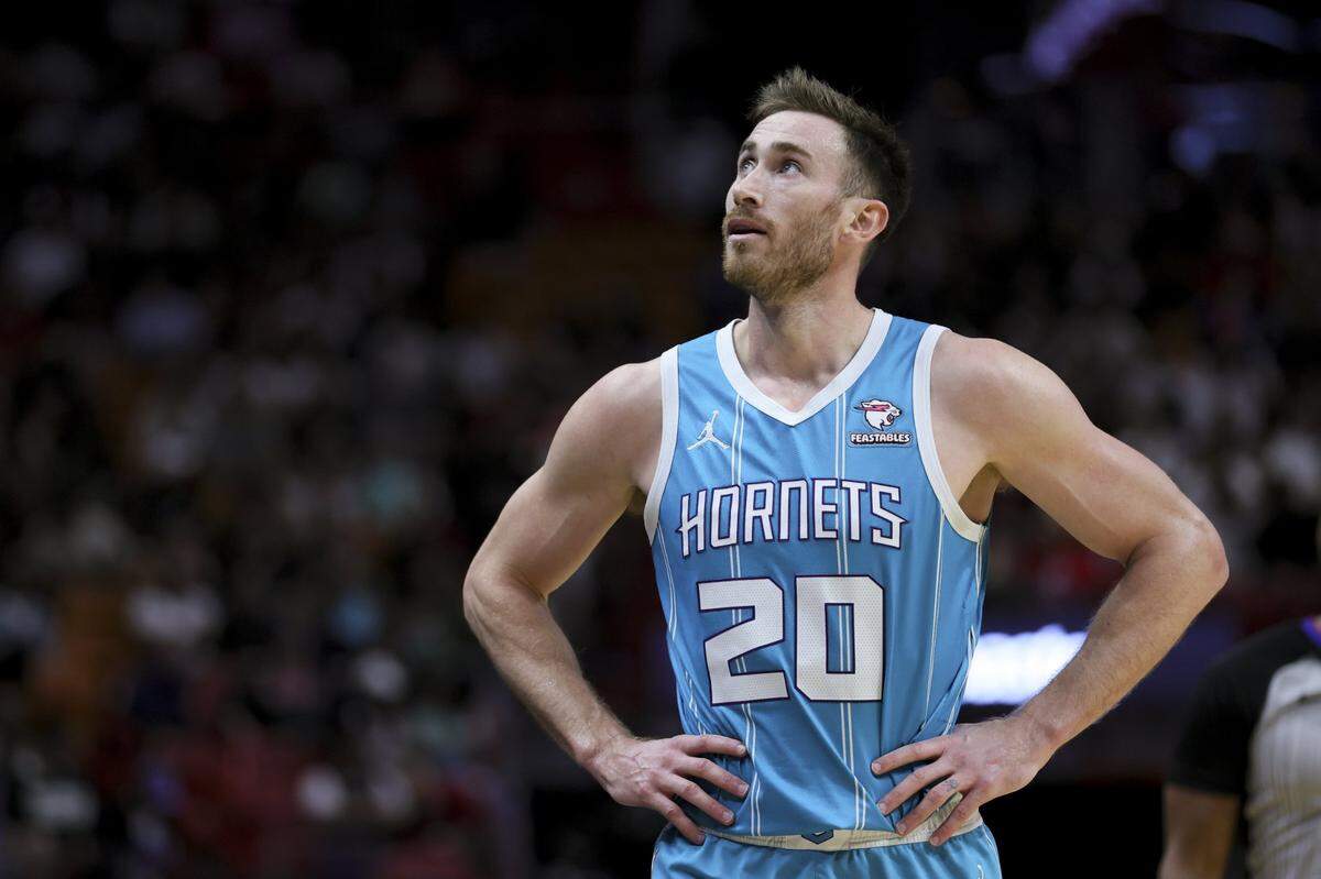 Charlotte Hornets forward Gordon Hayward (20) looks on against the Miami Heat during the second quarter at Kaseya Center.