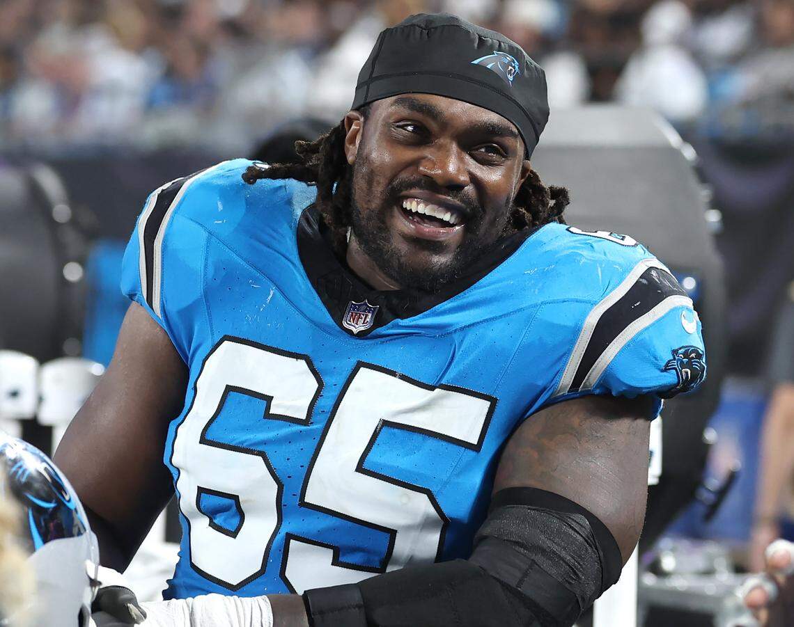 Carolina Panthers guard Ja’Tyre Carter takes a break on the team’s sideline during Friday’s game at Bank of America Stadium. The Browns defeated the Panthers 30-10.