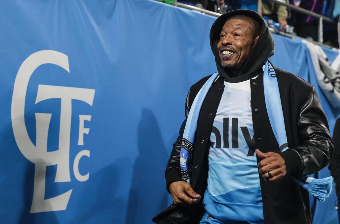 Charlotte Hornets legend Muggsy Bogues walks the sideline at Charlotte FC’s match against New York City FC at Bank of America Stadium in Charlotte, NC on February 24, 2024.