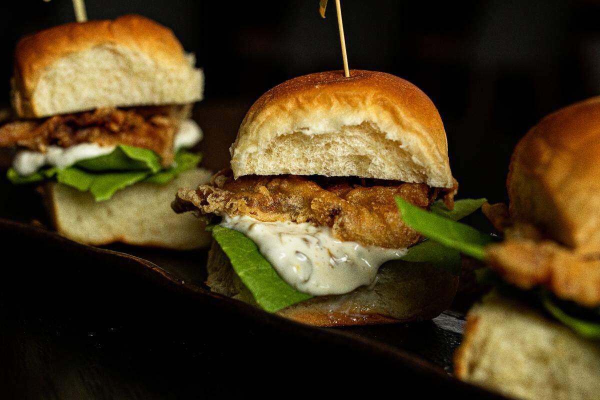 The Softshell Sliders at Mizu, slathered in lemon caper aioli.