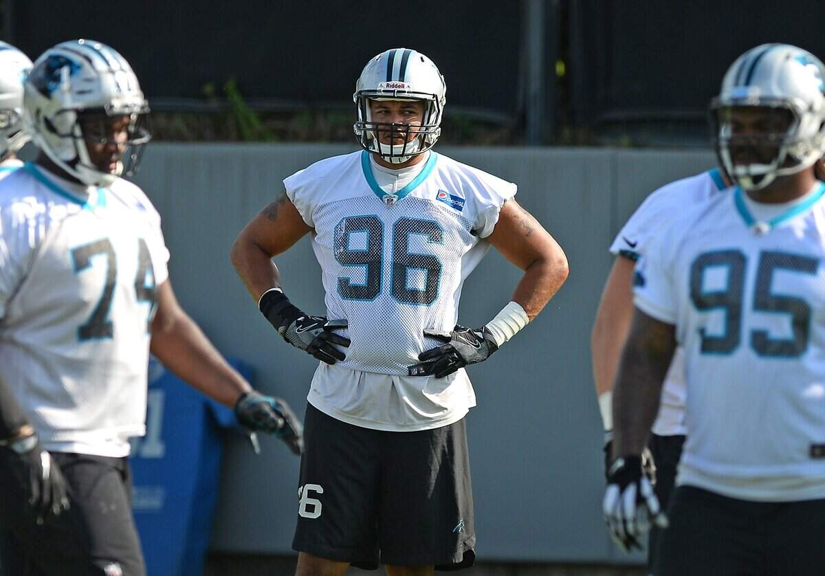Carolina Panthers defensive end Wes Horton (96) has been a situational playmaker in the past, but he might get his number called to rotate with Julius Peppers as a starter this fall.