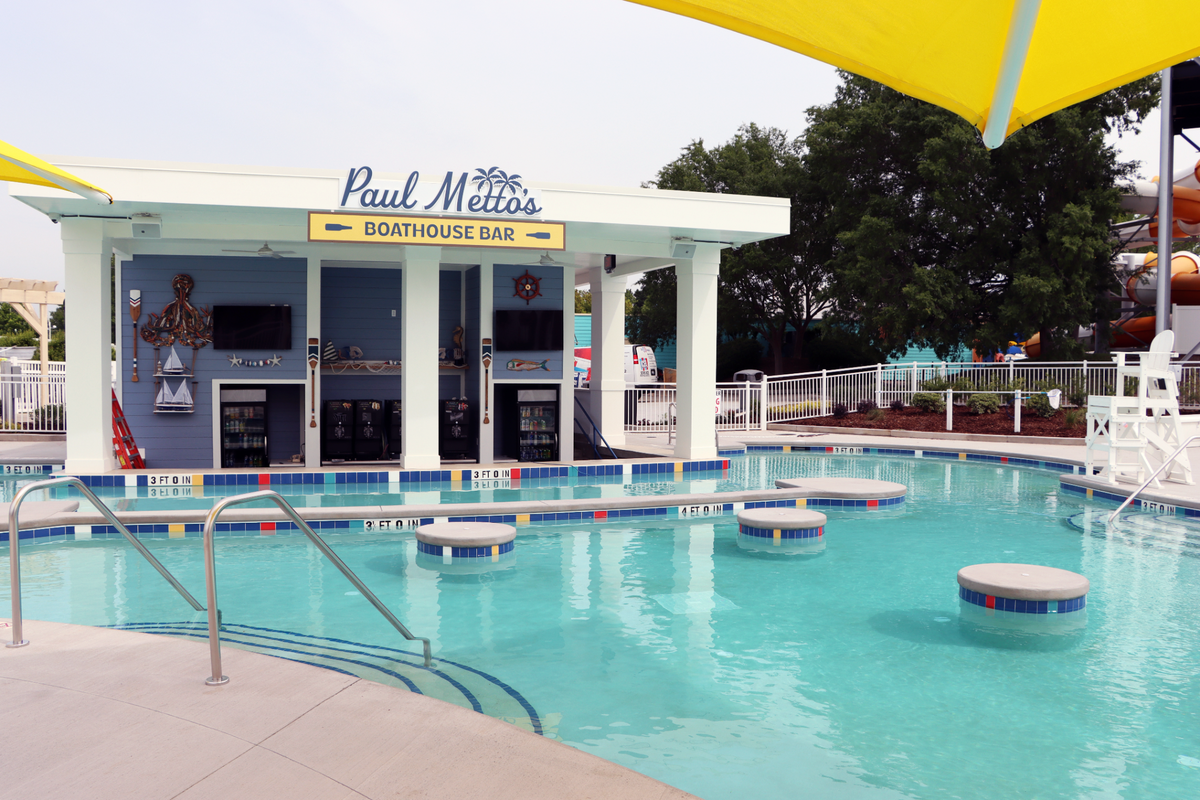 The adults-only section of the 27-acre Carolina Harbor Waterpark at Carowinds features a 27,280-square-foot retreat area with a swim-up bar.