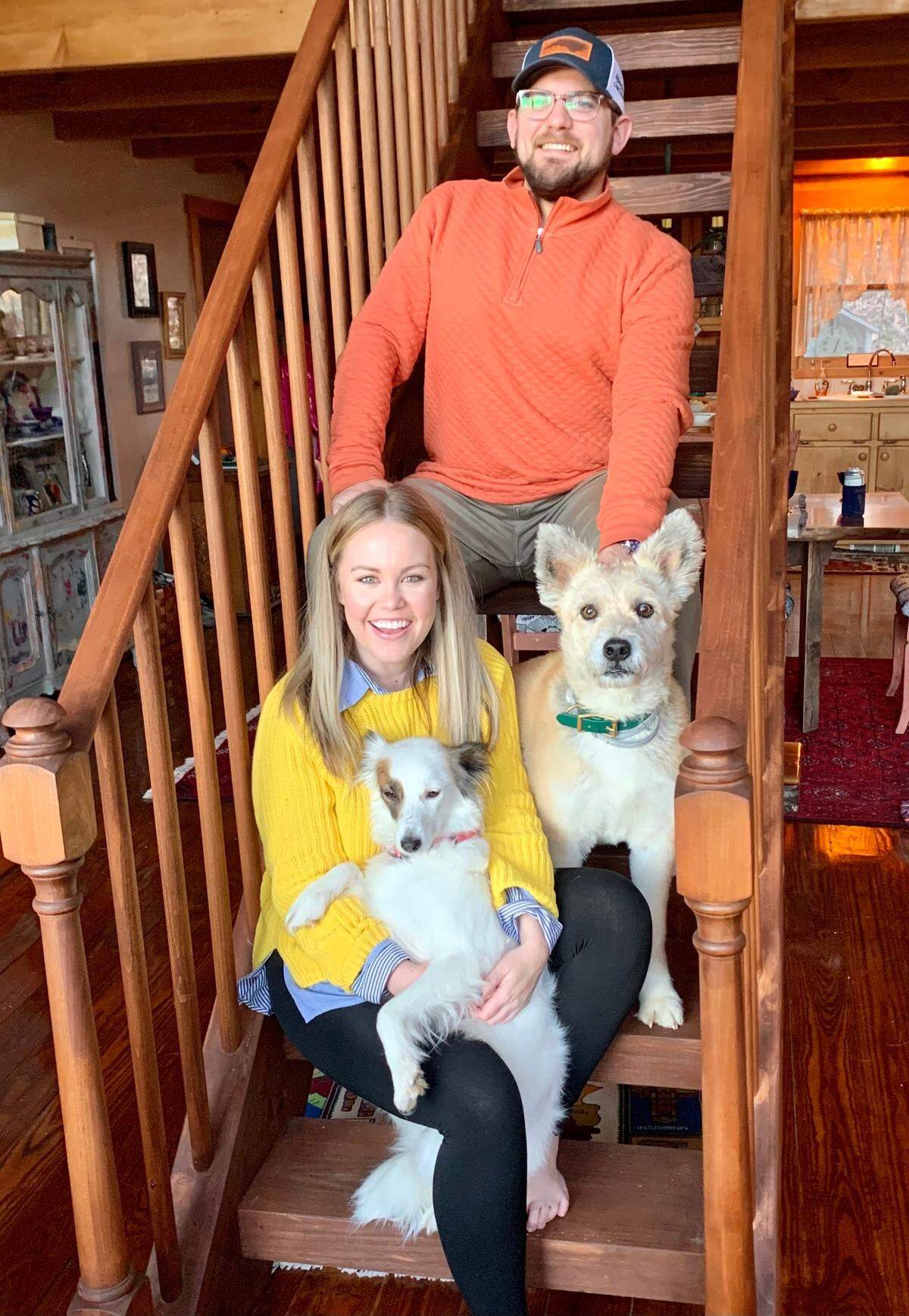 Sarah Blake Morgan and her husband Nick Ochsner, photographed on Thanksgiving with the newest member of their family: Zara, their second dog, rescued from Kabul, Afghanistan.