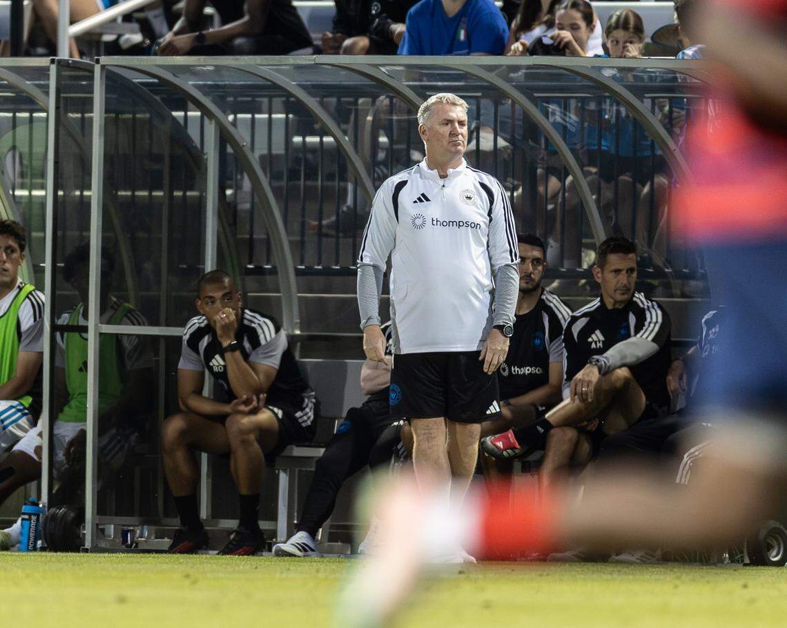 Charlotte FC coach Dean Smith watches the match against the Charlotte Independence at Mecklenburg County Regional Sportsplex in Matthews, North Carolina, on April 15, 2026. 