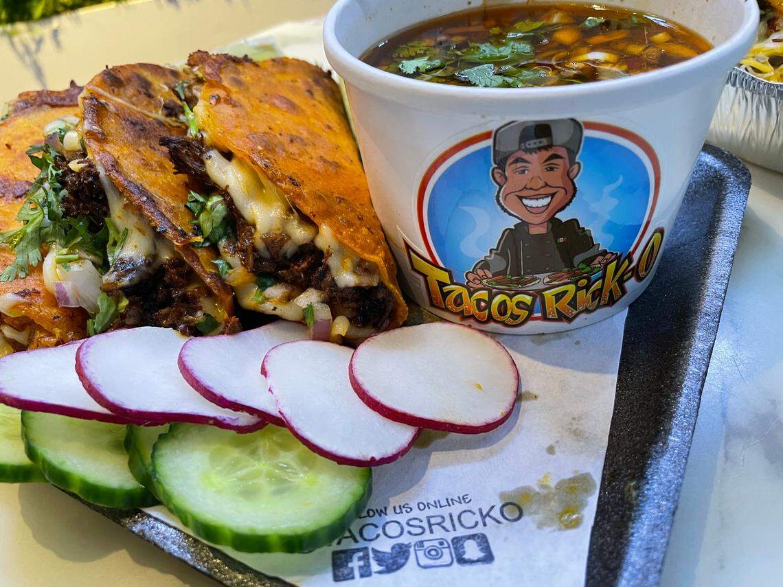 The birria tacos at Tacos Rick-O are three for $14.