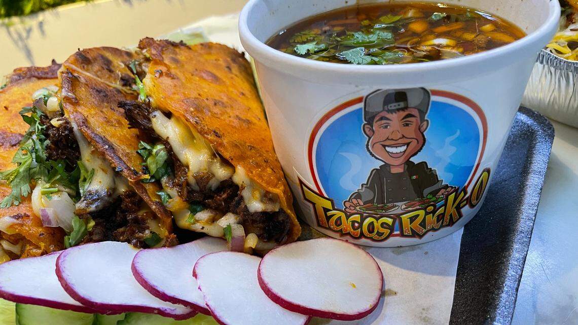 The birria tacos at Tacos Rick-O are three for $14.