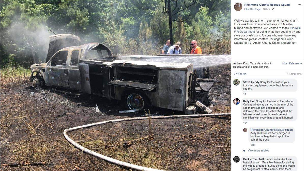 A truck stolen from a North Carolina rescue squad was found burned in a wooded area, officials say.