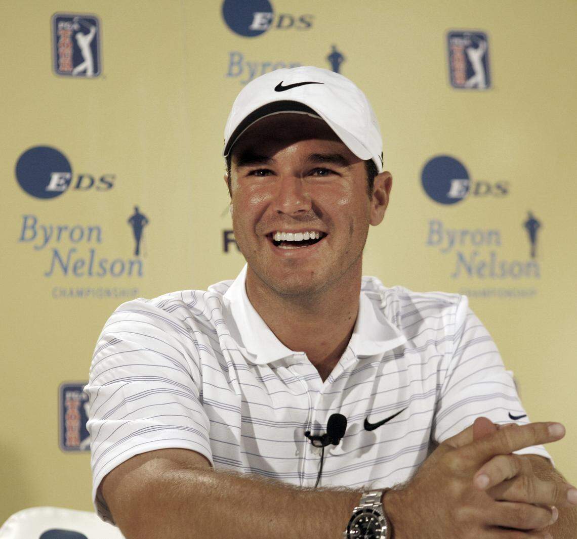 Trevor Immelman, of South Africa, laughs while speaking to reporters during a news conference after playing in the Pro-Am round of the EDS Byron Nelson Championship golf tournament in Irving, Texas, Wednesday, April 23, 2008. Immelman is playing for the first time since winning the Masters at Augusta. (AP Photo/LM Otero)