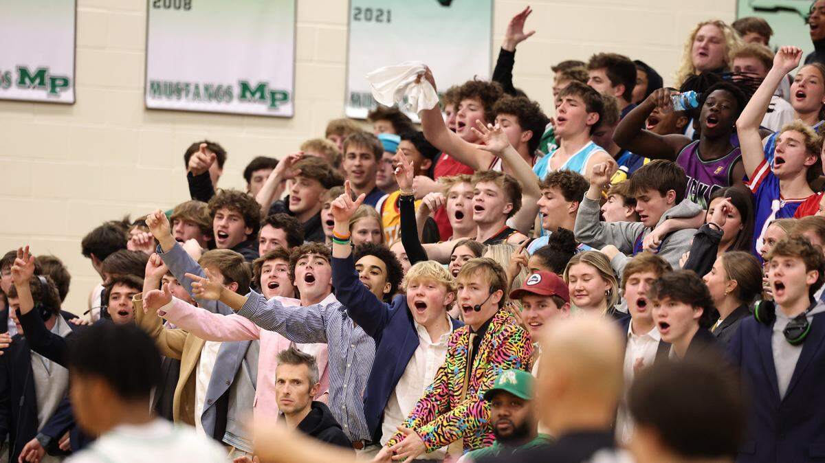 Myers Park yell support for their Mustangs during action against South Meck on Friday, January 17, 2025 at Myers Park High in Charlotte, NC.