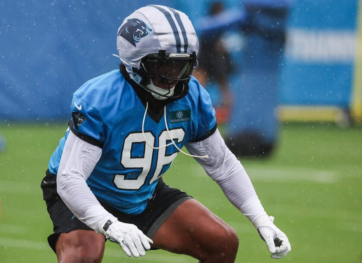 Panthers defensive tackle Elijah Garcia practices during training camp in Charlotte on Sunday, July 26, 2026.