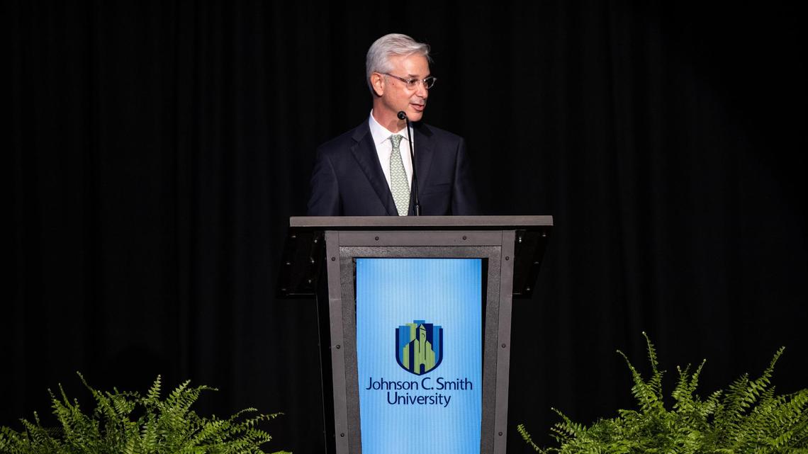 Charlie Scharf, CEO of Wells Fargo, speaks at Johnson C. Smith University to announce a series of grants Wells Fargo is giving to various community groups in Charlotte to “address a range of critical community needs.”