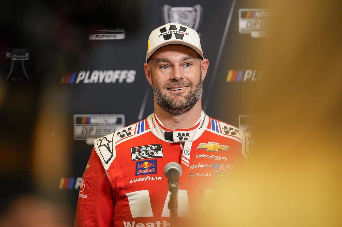 Aug 27, 2025; Charlotte, NC, USA; Shane van Gisbergen answers questions from the media during NASCAR Cup Series Playoff Media Day at Charlotte Convention Center. Mandatory Credit: Jim Dedmon-Imagn Images