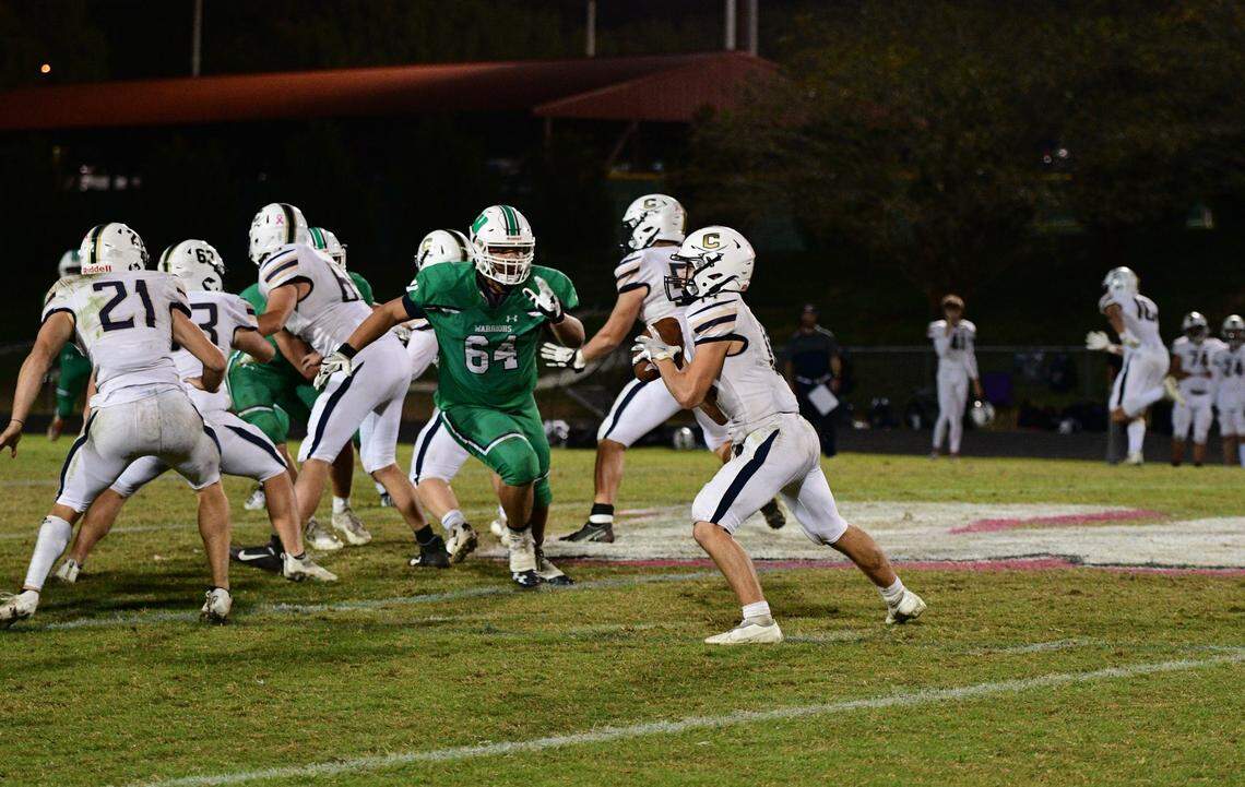 Josh Moraja, No. 64, played offensive lineman and defensive lineman for Weddington High before playing multiple characters in the “Seussical” musical.