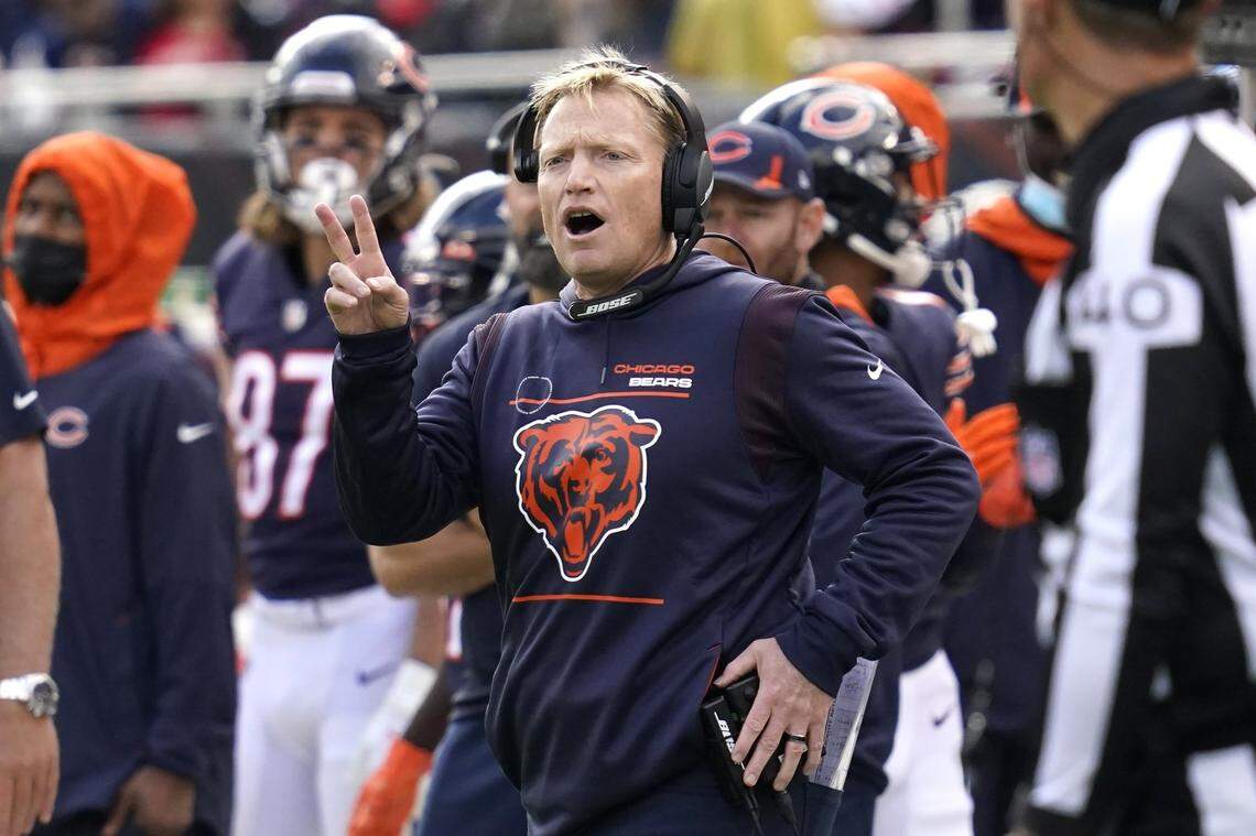 FILE - Chicago Bears acting head coach Chris Tabor directs his team during the first half of an NFL football game against the San Francisco 49ers Sunday, Oct. 31, 2021, in Chicago. The Chicago Bears could be without all three of their coordinators, including special teams coordinator Tabor, when they host the Minnesota Vikings on Monday, Dec. 20, 2021. (AP Photo/Nam Y. Huh, File)