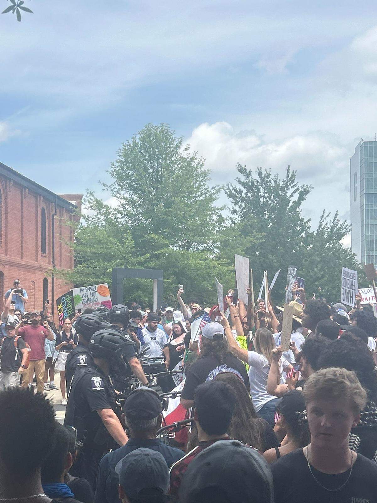 At the end of the “No Kings” rally Saturday, protesters came face to face with CMPD officers on bikes on E. 7th Street in uptown.