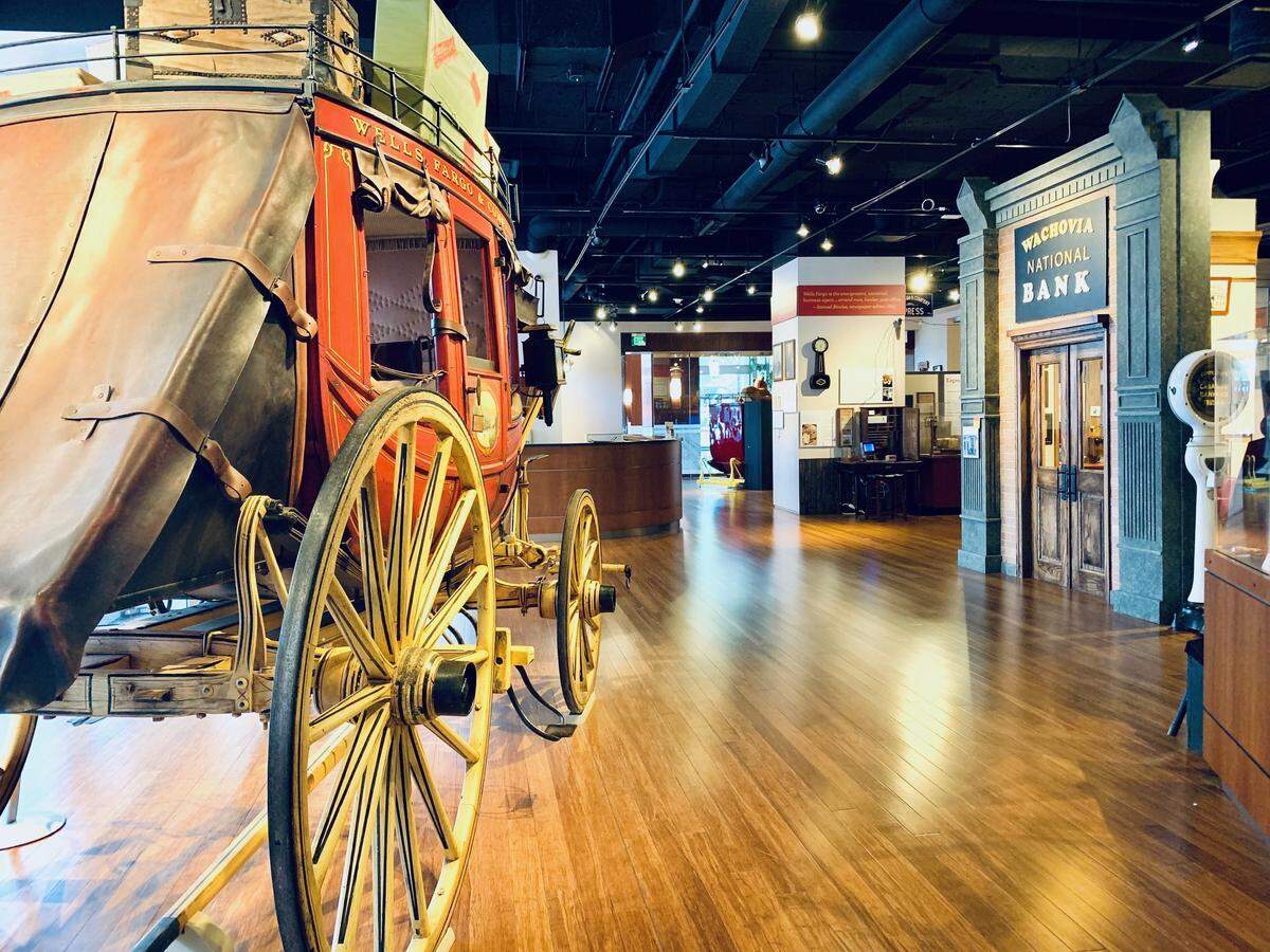 Pretend to ride a stagecoach at the Wells Fargo Museum.