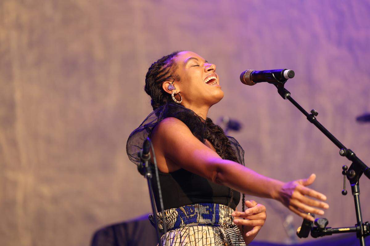Allison Russell performs at PNC Music Pavilion in Charlotte on Tuesday night.