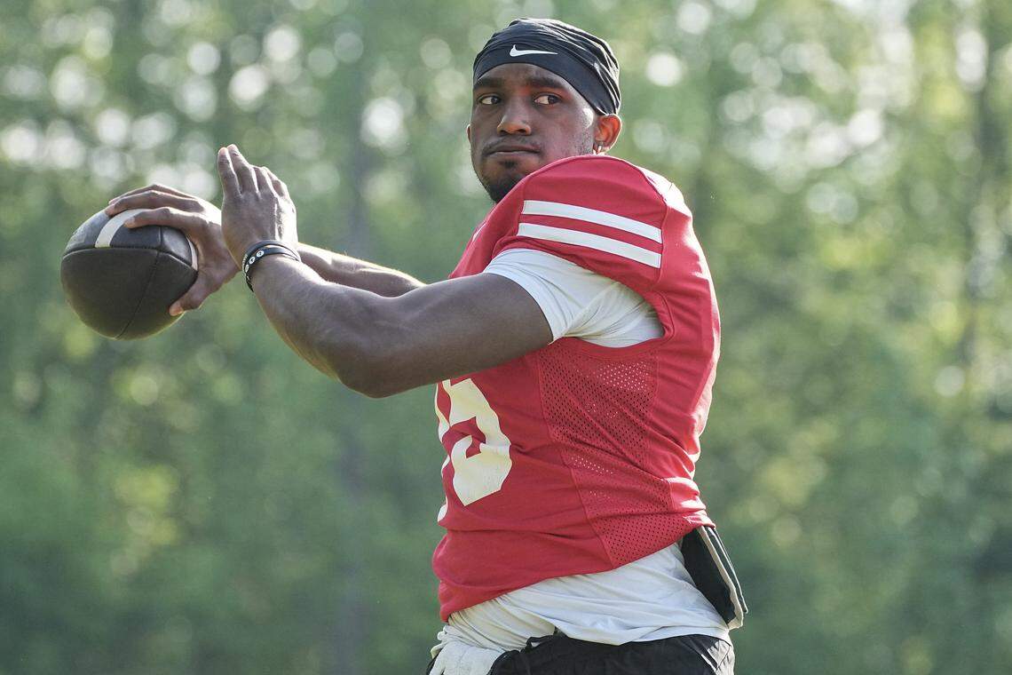 Charlotte 49ers quarterback Conner Harrell takes part in drills during a spring practice on Thursday, April 16, 2026, in Charlotte, North Carolina.