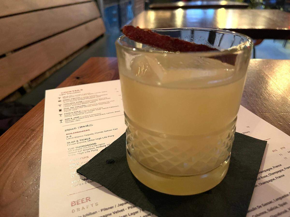 VINYL’s new Panic Switch cocktail is made with El Tesoro Reposado Single Barrel, Montelobos Joven Mezcal, broiled pineapple and lime, accented with a stick of dehydrated Spam.