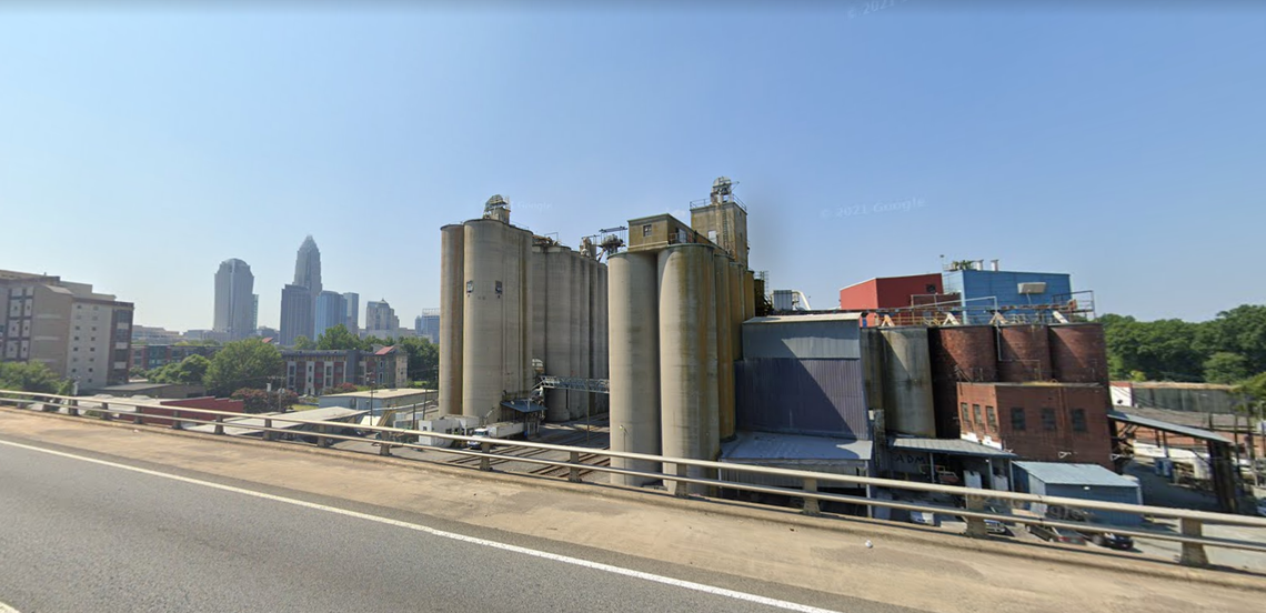 The flour-producing ADM plant as seen from Interstate 277 headed into Charlotte. A developer is proposing to build 82 town homes on a 5-acre parcel nearby.