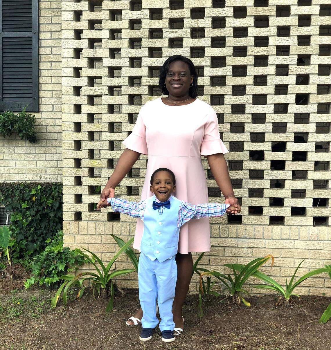 Krystal McCants Hulett, with her son Cameron, in their Easter outfits from Belk.