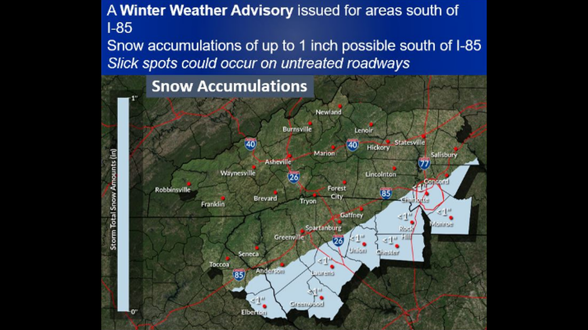 The arctic air that settled over Charlotte will result in wind chills as low as 5 degrees and a 30% chance of snow late Tuesday south of Interstate 85, the National Weather Service says.