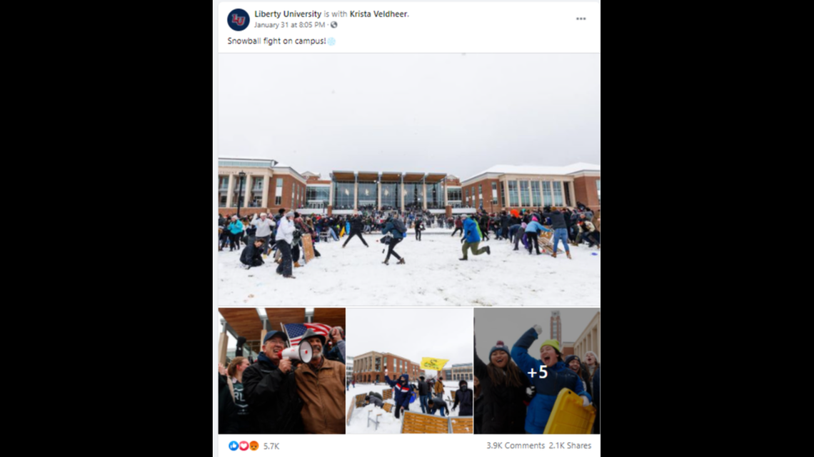 A seemingly innocent campus snowball fight at Liberty University in Virginia is being blasted across the nation due to the lack of masks and other safety precautions required to stop the spread of COVID-19.