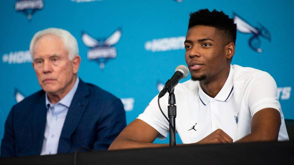 Newly drafted to the Charlotte Hornets, Brandon Miller, answers questions during a press conference at Spectrum Center on Friday, June 23, 2023.