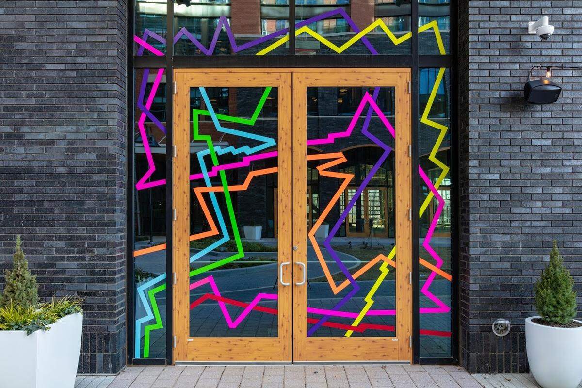 One of the entrances at Hodges Taylor’s new location in South End. The tape installation was done by artist Mary Carter Taub.
