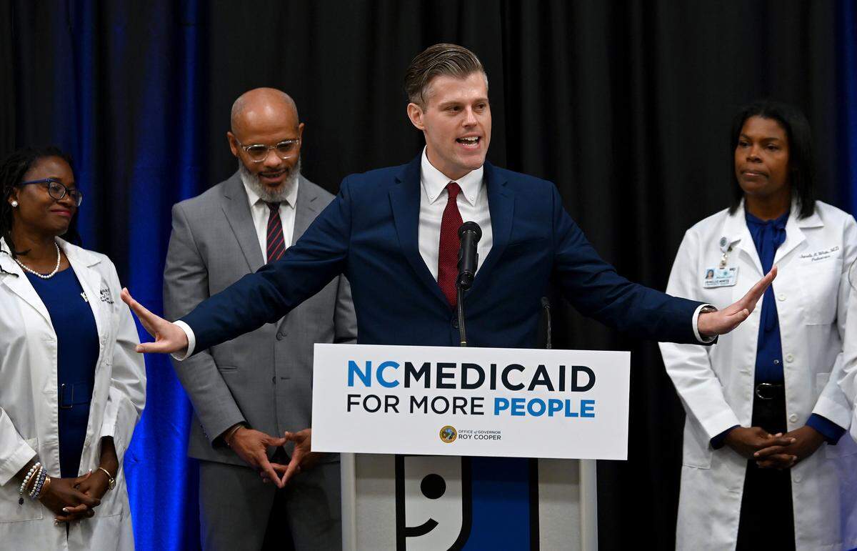 NC Department of Health and Human Services Secretary Kody Kinsley speaks during the ceremony announcing that DHHS launched Medicaid expansion on Friday.