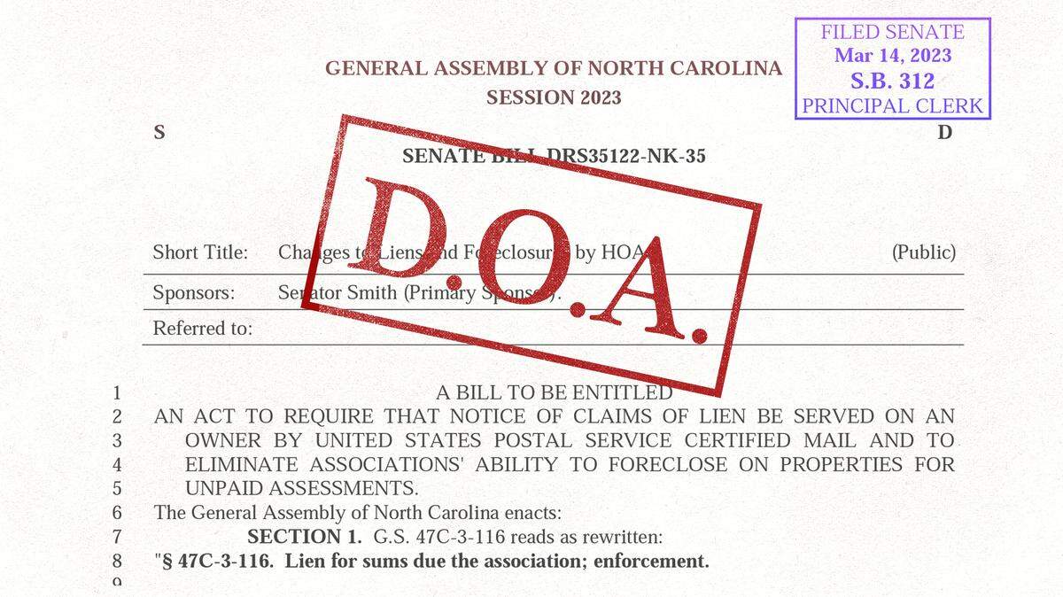 This photo illustration shows the first page of a North Carolina Senate bill that would have prevented HOAs from foreclosing on homeowners. HOAs opposed the bill in 2023 and it went nowhere.