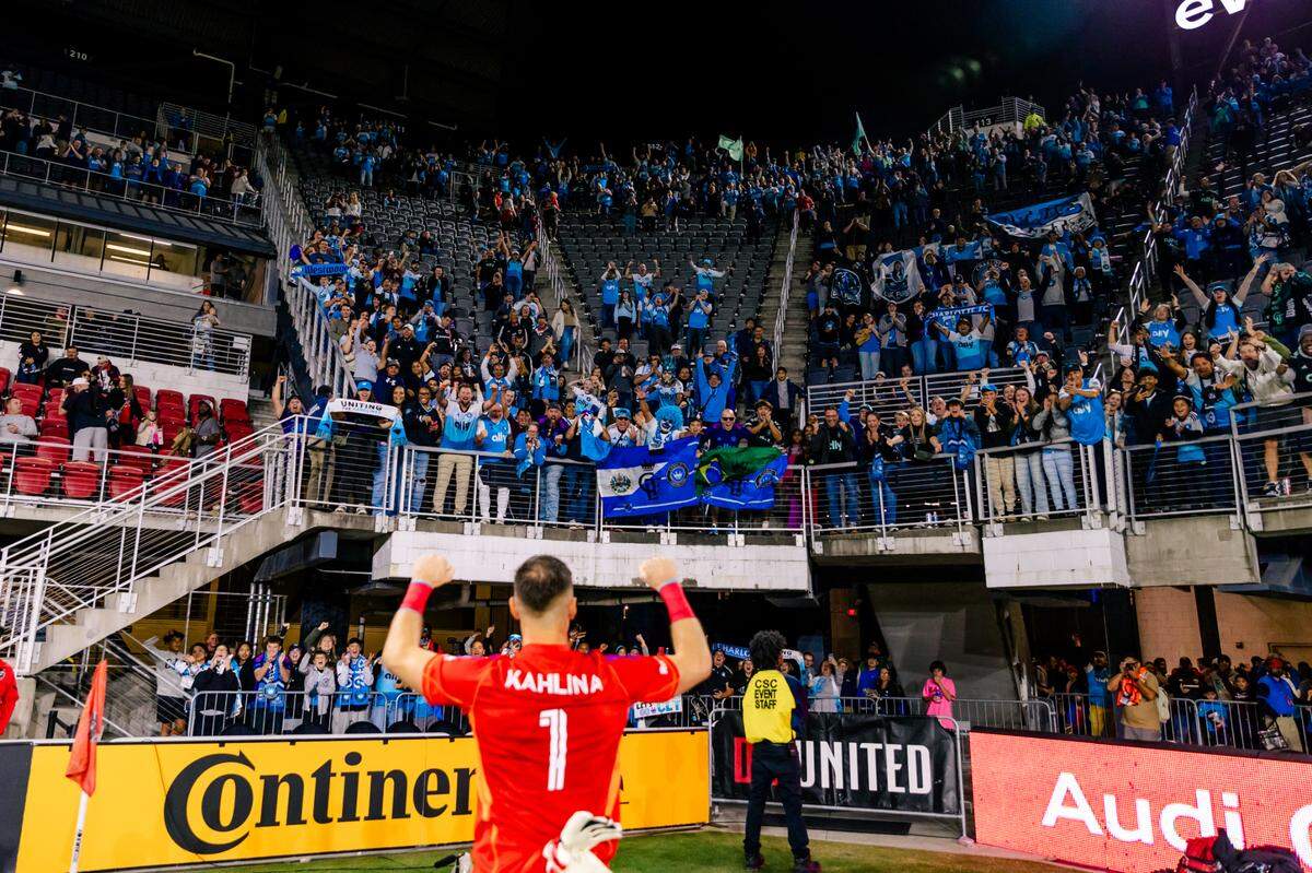 Kristijan Kahlina, fresh off notching his 12th clean sheet of the season, celebrates with the visiting Charlotte FC crowd on Saturday, Oct. 19, 2024, after the regular-season finale win over D.C. United.