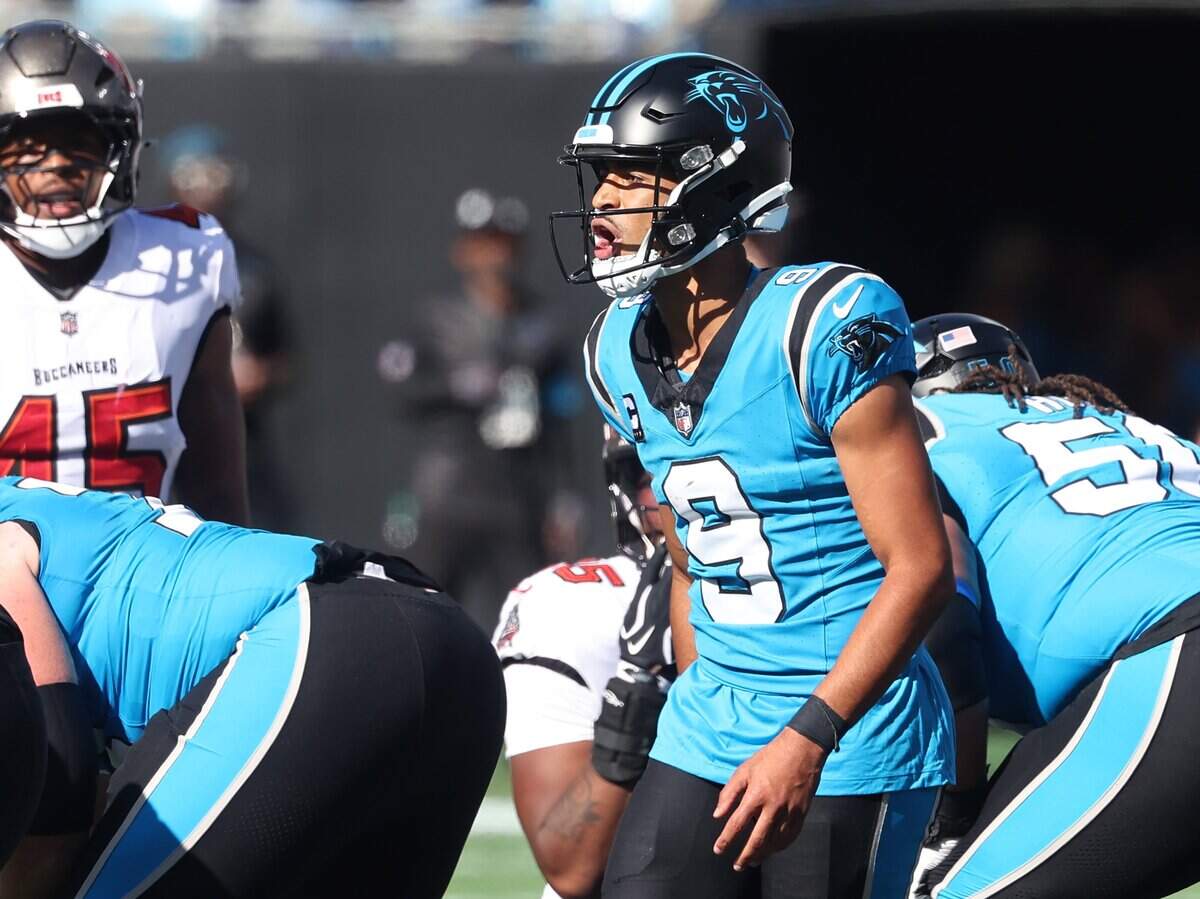 Carolina Panthers quarterback Bryce Young yells instructions to the offensive line during action against the Tampa Bay Buccaneers at Bank of America Stadium in Charlotte, NC on Sunday, October 25, 2026.