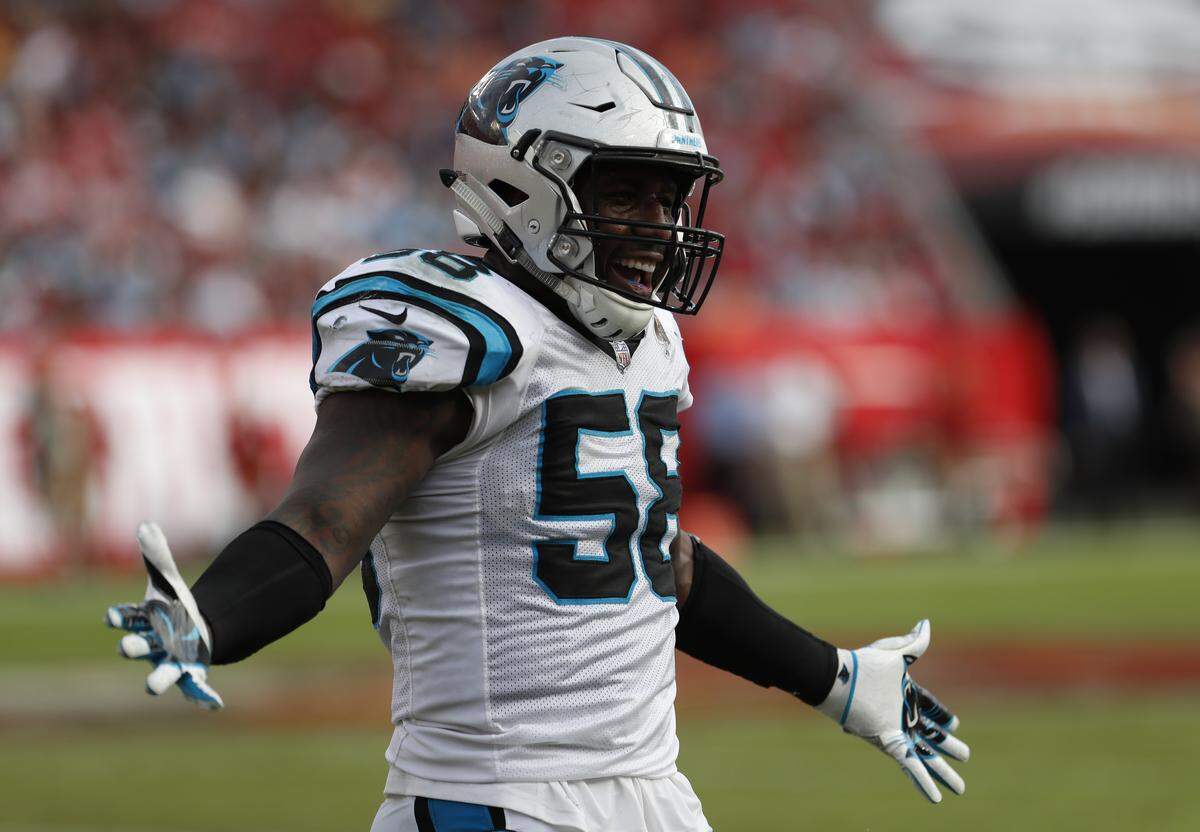Carolina Panthers outside linebacker Thomas Davis (58) during the second half of an NFL football game against the Tampa Bay Buccaneers Sunday, Dec. 2, 2018, in Tampa, Fla. (AP Photo/Mark LoMoglio)