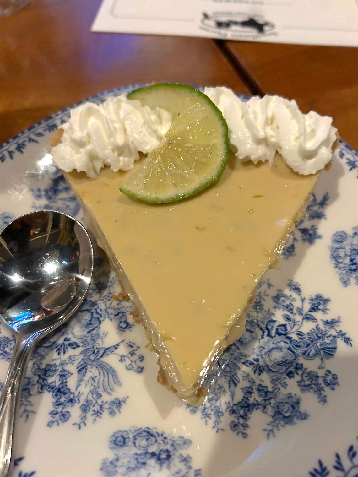 Southern Pecan’s Key Lime Pie is made with Keke key lime cream vodka, Stoli vanilla, Nelly and Joe’s key lime juice, condensed milk, pineapple juice and crème fraiche. It has a Graham cracker rim and a lime wheel.