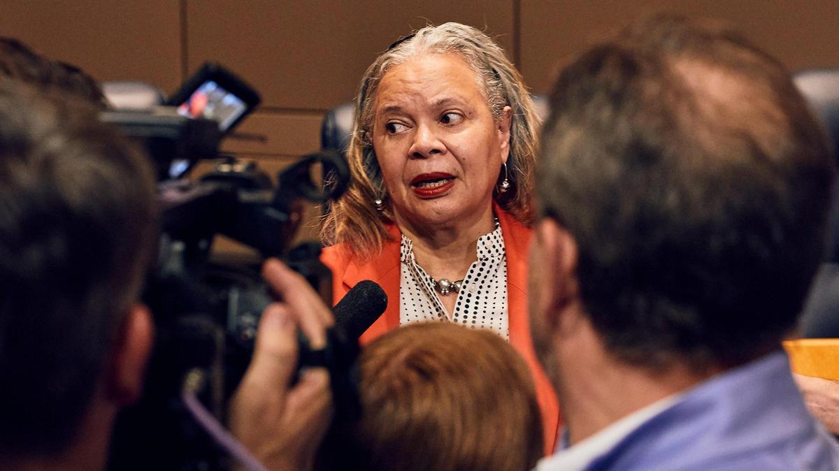 Mayor Vi Lyles takes questions from the media earlier in May about a reported private settlement with CMPD Chief Johnny Jennings.