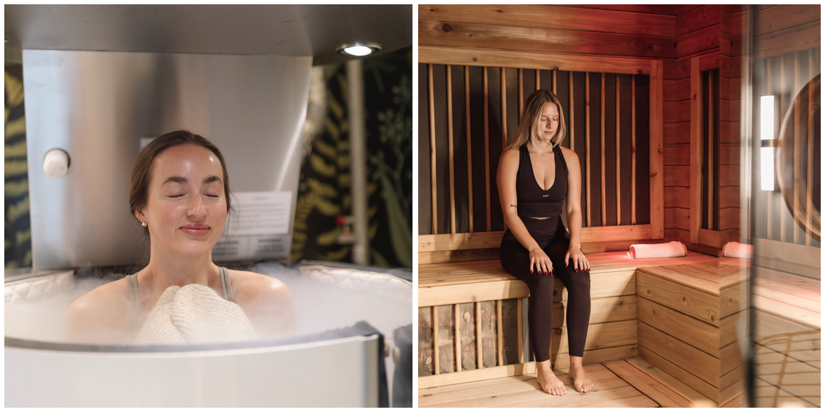 A side-by-side composite image showing two different wellness treatments. On the left, a person with closed eyes is immersed up to her shoulders in a white cryotherapy chamber, surrounded by cold white vapor. On the right, a person in black athletic wear sits calmly with closed eyes on a wooden bench inside a cedar-lined infrared sauna, illuminated by a warm red glow.