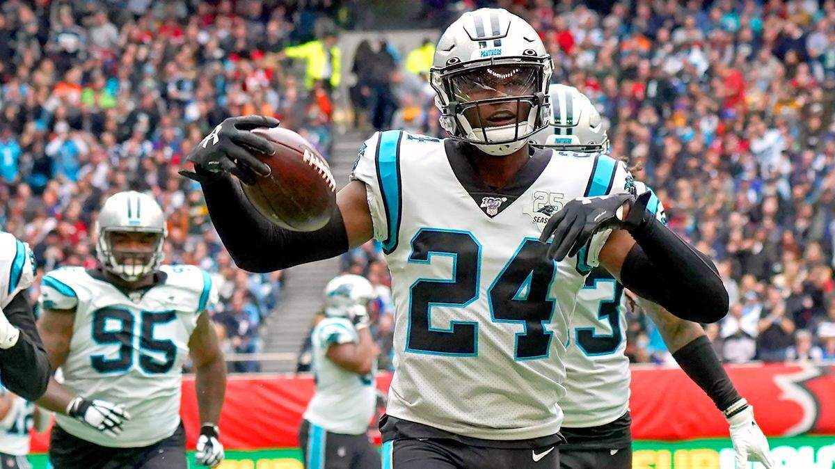 Carolina Panthers cornerback James Bradberry runs into the end zone to celebrate his interception of a pass by. Tampa Bay Buccaneers quarterback James Winston during action at Tottenham Hotspur Stadium in London, England on Sunday, October 13, 2019. The Panthers defeated the Buccaneers 37-26.